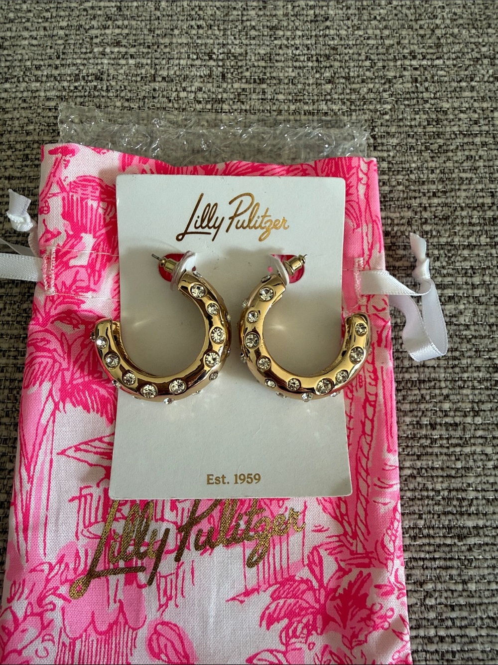🌟NWT🌟Lilly Pulitzer🌟All Dahled Up Gold Hoop Earrings w/Rhinestones & Pouch